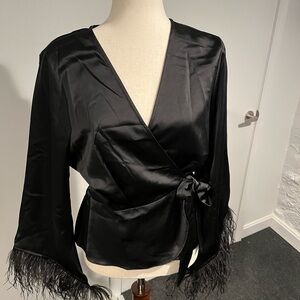 Wayf satin jacket with feathers at cuff